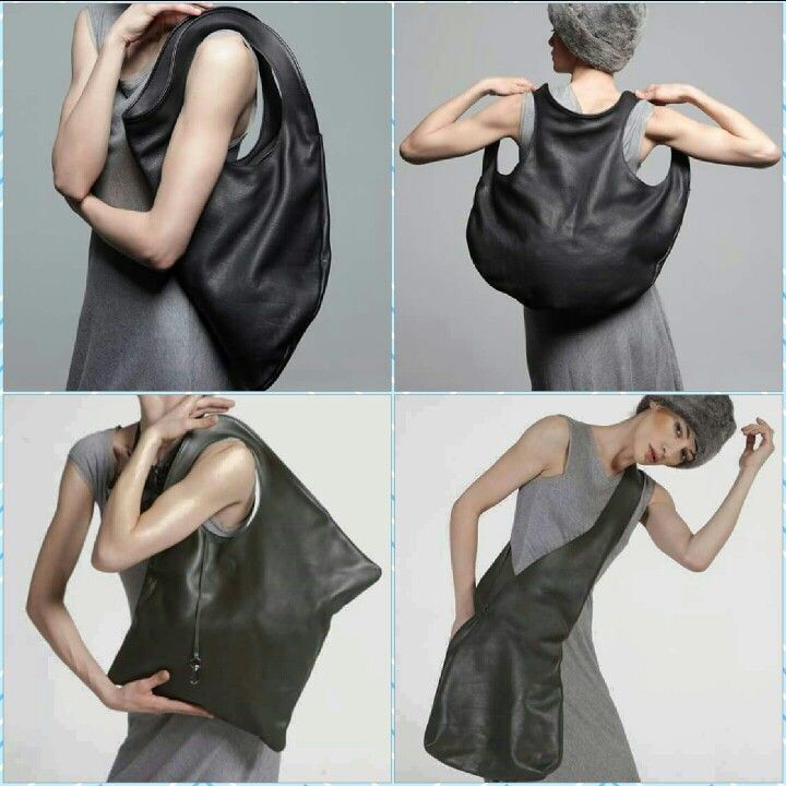 the image shows a collage of four photos of a model wearing a gray dress and a black leather handbag. the handbag is designed to be worn over the shoulder with a large circular opening for the arm and head. the model is shown from different angles, including front, back, and side views, demonstrating the different ways the handbag can be worn. in one photo, she is wearing a gray hat. the background is a neutral gray.