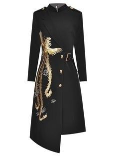 a black, longsleeved dress with an asymmetrical hemline. the dress has gold dragon embroidery on the left side and a high collar. the dress is belted and has a militarystyle design with buttons and a high collar.