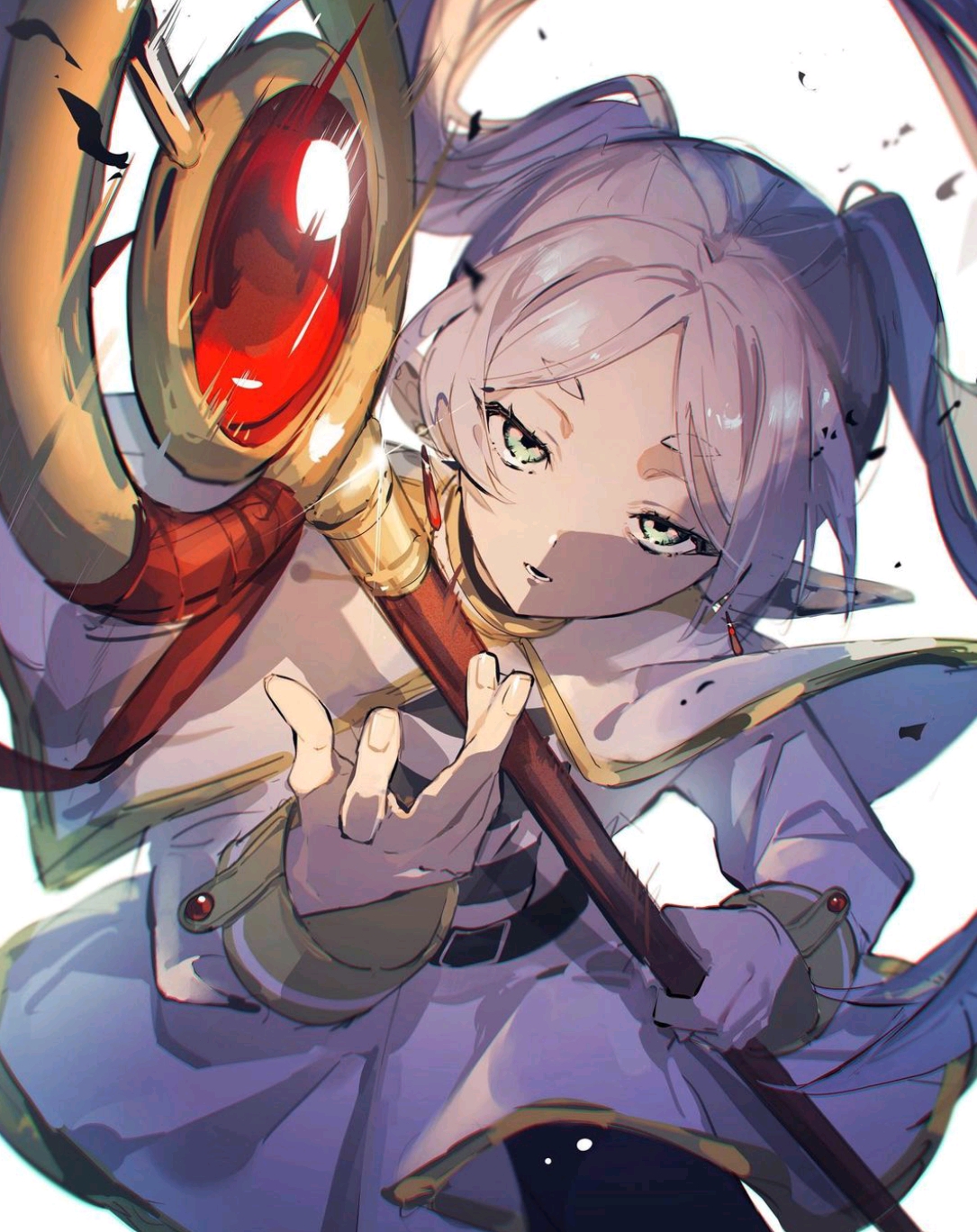 an anime girl with white hair and green eyes holds a magic staff with a large red gem. she is wearing a white robe. the perspective is from below, looking up at her.
