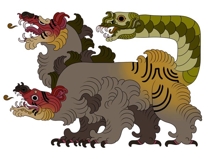the image showcases a vibrant, stylized illustration of a mythical threeheaded creature.  the central body appears quadrupedal, with features reminiscent of a dog or bear in the main head,  a birdlike head on one side, and tigerlike stripes on the hindquarters.  a serpentine tail, decorated with scalelike patterns in shades of olive green, extends from the creature's back. the art style is reminiscent of traditional or folk art, with highly detailed and ornate designs used in the creature's fur and features. the color palette is rich and varied, with shades of brown, grey, red, orange, and green, creating a visually compelling and whimsical composition.