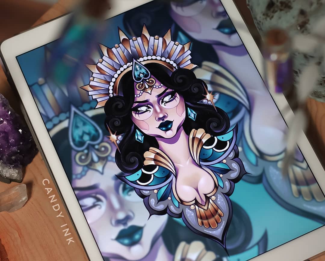 the image showcases a digital illustration of a queen of spades, rendered in a neotraditional tattoo style. the queen, depicted as a glamorous woman with a dramatic crown adorned with spades, is the focal point. her attire includes a bodice with butterfly wings and a heartshaped neckline. the color palette is a blend of cool blues, teal, and warm gold accents. the background features a subtle, blurred reflection of the queen. the artwork is displayed on a tablet screen, with crystals and a "candy ink" label subtly visible in the background.