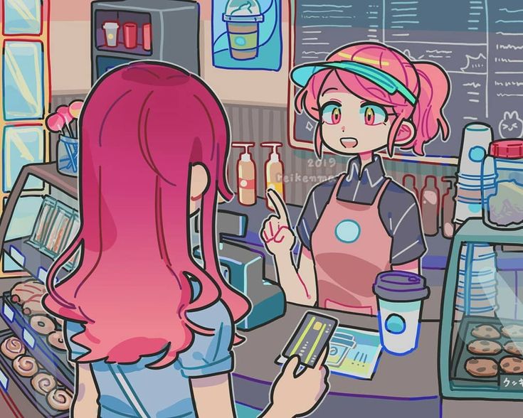the illustration shows an anime style, pink haired girl, paying for her coffee at the cafe counter.  a pink haired girl with a blue hat and apron is smiling and helping her out.  there are donuts and cookies on the counter.  the illustration is done in a very colorful and fun style, with a light blue background and bright colors.  the overall mood of the illustration is happy and positive.