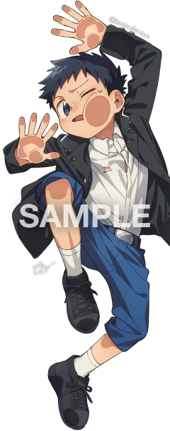 the image is a drawing of a young boy with short brown hair and brown eyes, dressed in a white and blue school uniform with a partially unbuttoned black jacket. he's captured midjump with a playful and energetic expression on his face, his right eye closed in a wink. his arms are raised, and his left cheek displays a cute, exaggerated blush. the background is entirely white, putting all focus on the boy's dynamic pose.