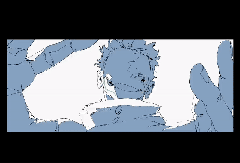 a simple anime style drawing of a boy with blue hair and clothing. his hands are outstretched in front of him, and he is smiling. the background is white and the drawing is done in blue and black. the line work is very simple.