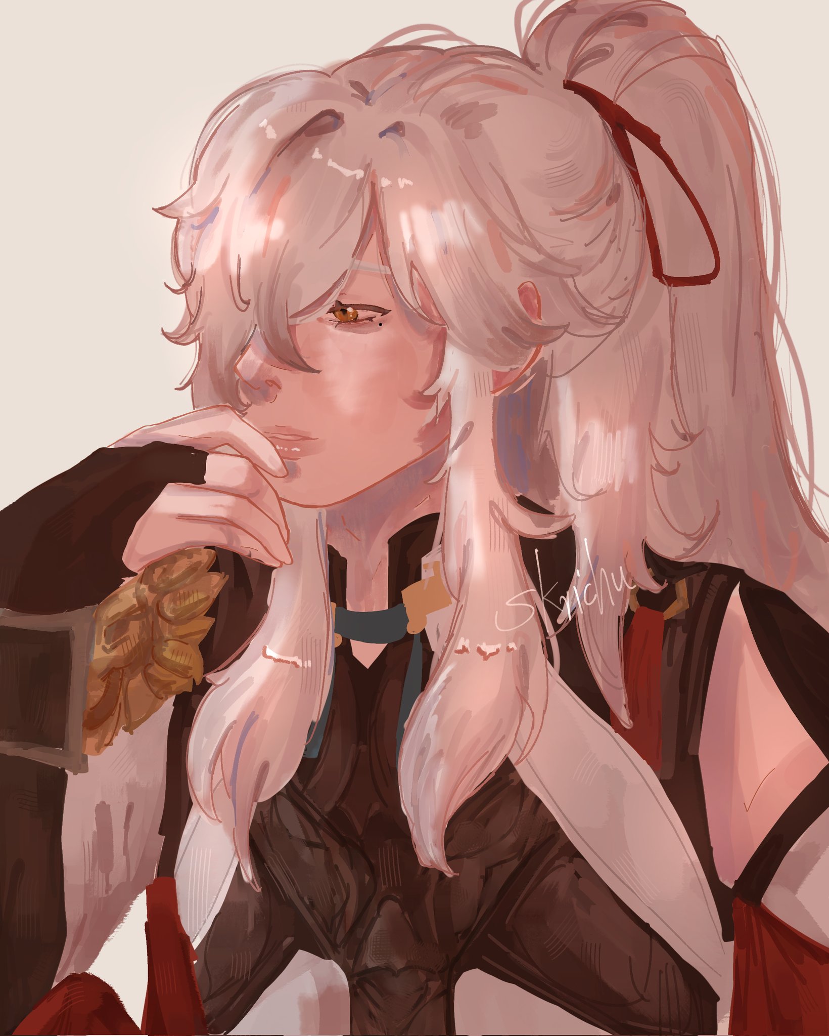 the image features a beautiful anime girl with long white hair tied in a ponytail with a red ribbon. she is wearing a red and black outfit and has a serious expression on her face, with her hand on her chin. she appears to be thinking deeply. the artwork is digital and uses a soft, painterly style.