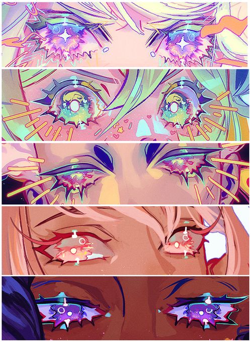 a digital art piece featuring 5 rows of anime eyes. each eye is colorful and detailed with a unique design with sparkles, stars, and swirls. the eyes are all different colors and have a neon effect. the art is vibrant and surreal, with a magical feel.  the background is black. the art is closeup and very detailed.