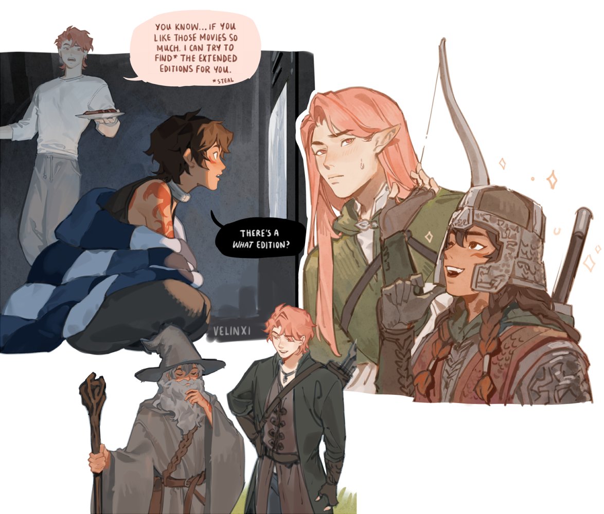 the image is a fan art illustration depicting characters from the lord of the rings movies in a modern, casual setting. on the left, a character with red hair holds a tray of snacks, saying he can find the extended editions of the movies. another character, wrapped in a blanket, is surprised there's an extended edition. below, gandalf stands with his staff, and a character dressed as aragorn looks on. on the right, legolas stands with gimli, who is wearing her dwarven armor and helmet. the image combines fantasy elements with a modern twist, suggesting the characters are enjoying the movies together in a casual setting.