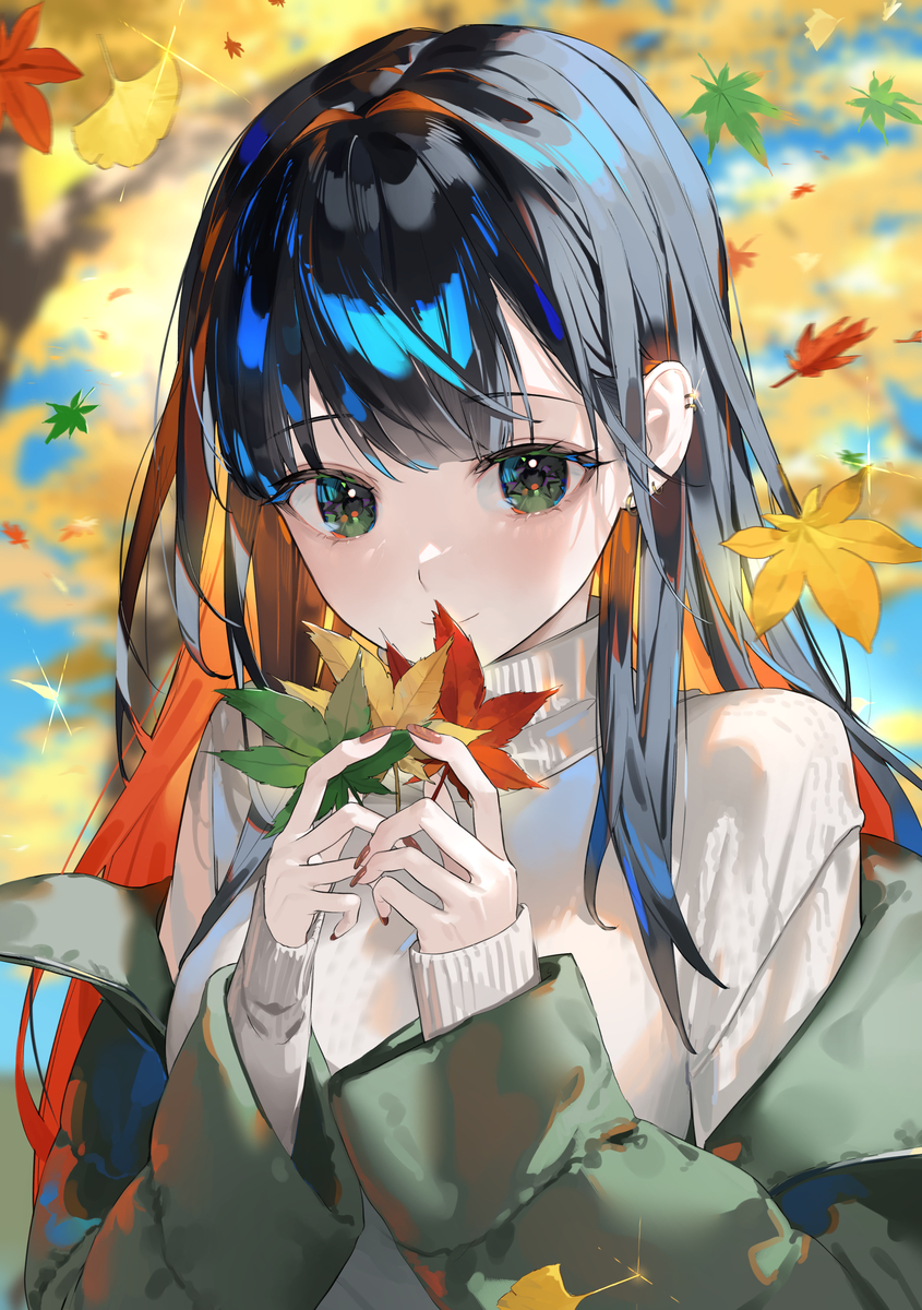 an anime girl with long black hair highlighted with blue is holding a cluster of colorful autumn leaves in her hands. she has fair skin and is wearing a white sweater and a green jacket. her green eyes are gazing directly at the viewer. the background features an autumn scene with falling leaves and a bright sky, enhanced with a sparkle effect.
