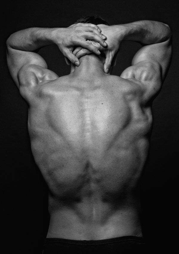 the image is a black and white studio photograph of a muscular man's back. the man is shirtless and his arms are raised, with his hands clasped behind his head. the lighting emphasizes the definition of his back muscles and creates a dramatic effect.  the background is dark, further highlighting the man's physique.