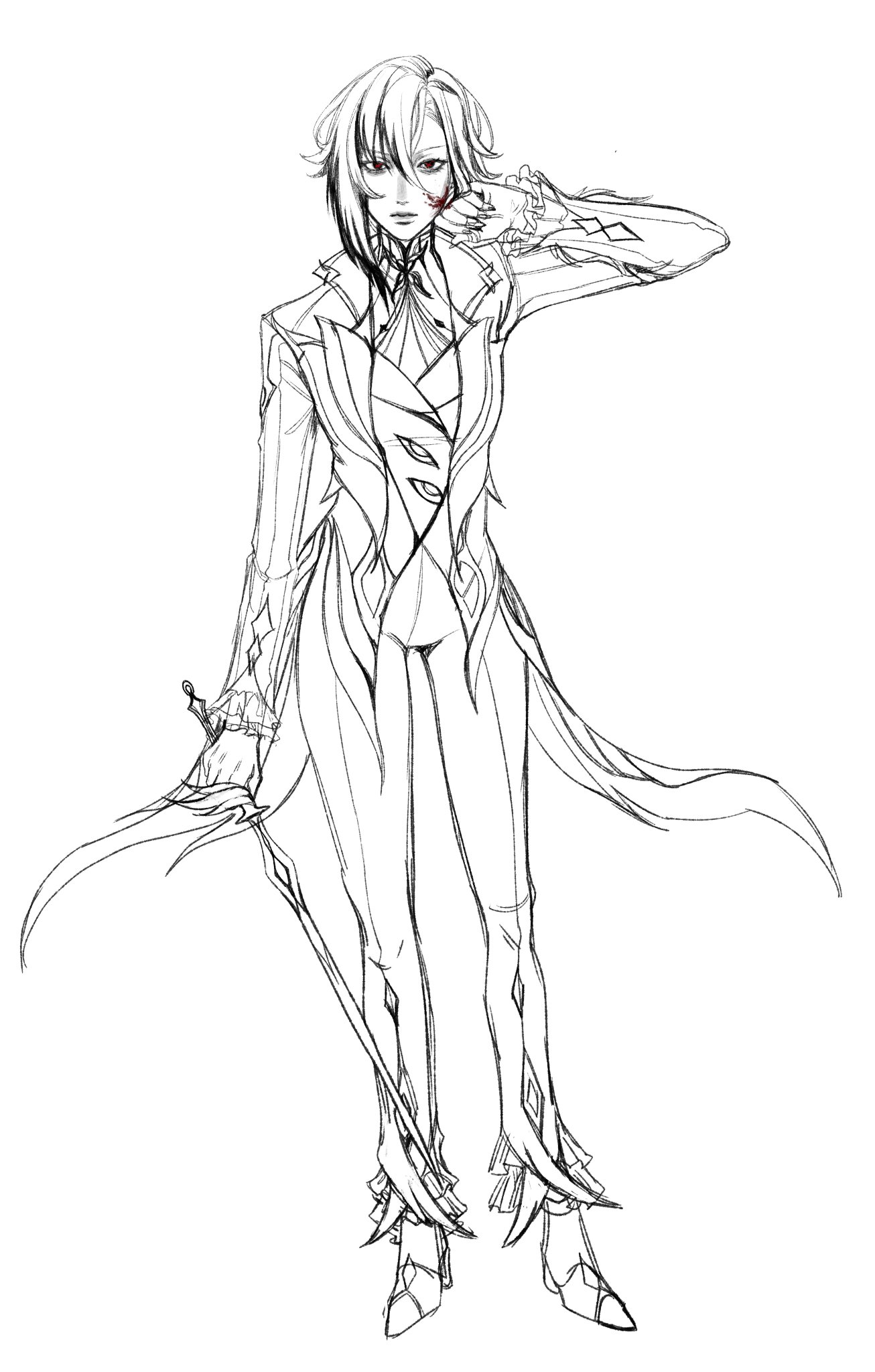 a black and white sketch of an anime character. the character is a young woman with long flowing hair and a stylish outfit. they are holding a sword and have a determined expression on their face. the artwork is done in a loose and expressive style.
