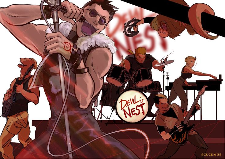 the image is a vibrant piece of fanart depicting characters from the anime fullmetal alchemist as a rock band called "devil's nest".  edward elric is the lead singer, holding a microphone and showing off a mischievous grin.  other band members appear to be inspired by greed (ling yao) on drums, roy mustang possibly on keyboards, and alphonse elric (though it is a stretch) playing bass guitar. another character, likely inspired by another fullmetal alchemist character, is playing electric guitar. a fifth character's appearance is more ambiguous and appears to be a background element of the band's performance. the style is dynamic and energetic, with bold lines, rich red and dark tones, and a comicbookinspired aesthetic. the overall mood is exciting and suggestive of a highenergy live performance. the artist's signature (@cucumis3) is visible in the bottom right corner.