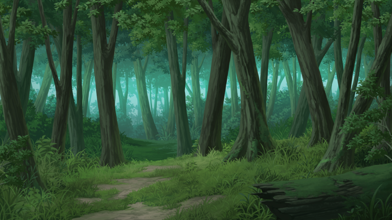 the image is a cartoonstyle landscape of a dense forest. tall, dark trees dominate the scene, with green foliage visible in the canopy. a dirt path winds through the forest floor, surrounded by lush green grass and other vegetation. the scene has a tranquil and slightly misty atmosphere.