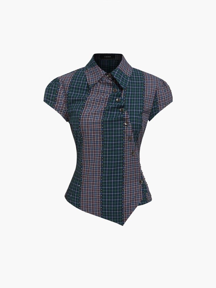 a shortsleeved, buttonup shirt featuring a plaid pattern with asymmetrical bottom cut.