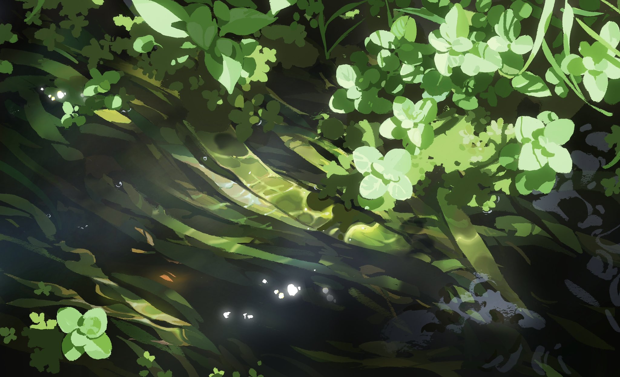 he image is a digital painting or illustration depicting a closeup view of a stream or shallow body of water.  the water is clear enough to see the bottom, which is covered in various shades of green aquatic plants and submerged vegetation.  sunlight filters through the water, creating dappled reflections and shadows on the plant life and the water's surface. the overall tone is lush, green, and peaceful, suggesting a tranquil natural setting. the style is painterly, with loose brushstrokes and a focus on the interplay of light and shadow.  the green plants are various shades and textures, some appearing to be delicate and others more robust.  the image gives a feeling of looking down into the clear, shallow water.
