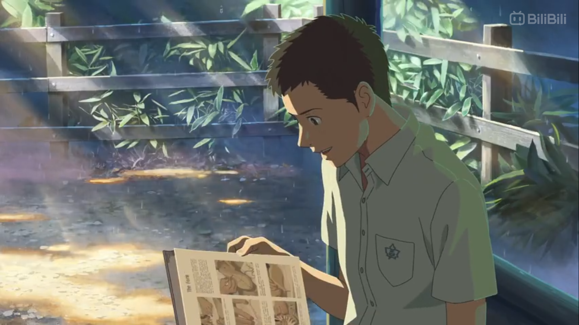 the image shows a young man in a school uniform sitting by a window, engrossed in a book. sunlight streams through the window, casting dappled light and shadows on the ground outside. rain puddles and lush greenery suggest a recent downpour. the overall atmosphere is serene and contemplative.