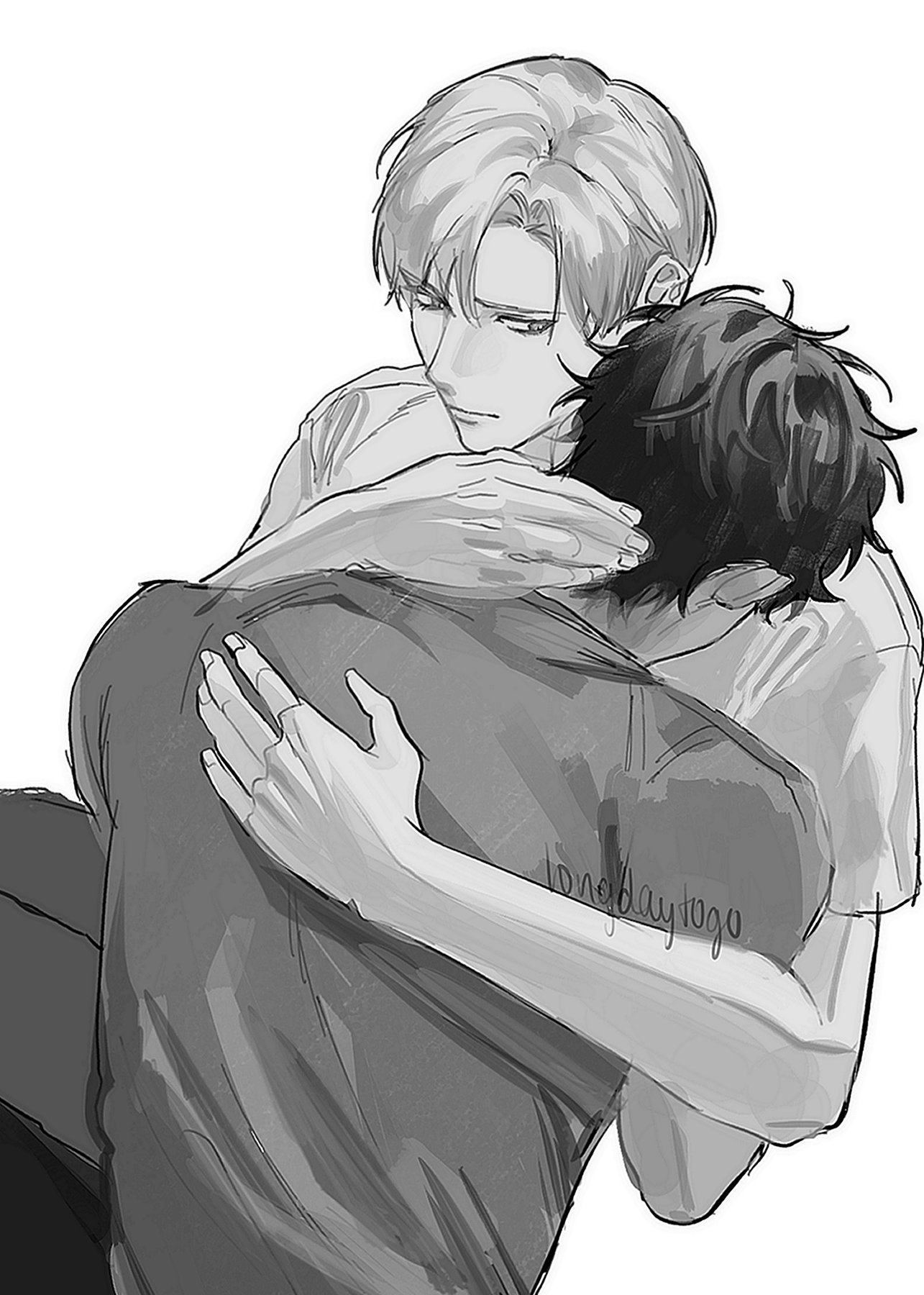 the image is a grayscale digital drawing or illustration in an anime/manga style. it depicts two young men embracing in a tender and emotional hug.  one man, with lightcolored hair, has his arms wrapped around the other, who has darker hair. the overall mood is intimate and suggests comfort or support, possibly during a moment of sadness or vulnerability. the style is soft and slightly sketchy, with delicate shading and linework.  the background is plain white, focusing all attention on the figures.