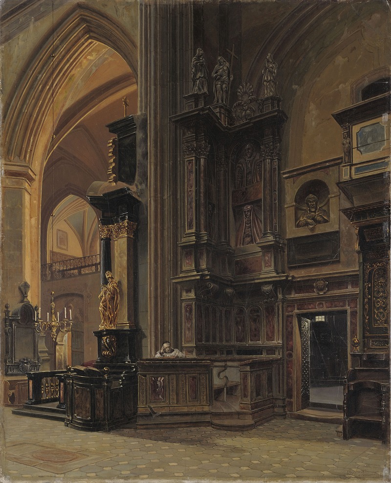 a painting depicting the interior of a gothic church. the architecture features high arches and tall columns. there are ornately carved wooden choir stalls, a lectern with a golden statue on top, and various religious figures and sculptures throughout the scene. a monk is seated in one of the stalls. a candelabra adds to the ambiance, and the use of light and shadow creates depth and texture. a doorway provides a glimpse into another part of the church.