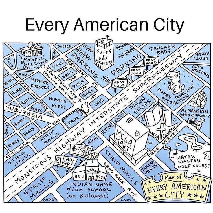 the image is a handdrawn map satirizing the stereotypical layout of an american city. it includes common elements like a "historic" building, a police station, parking lots, skyscrapers, fast food restaurants, a "dopey" roadside attraction, a mcmansion gated community, a mega church, dollar stores, a "water waster" golf course, an ivy league university, hipster hangouts, sprawling suburbs, strip malls along a "monstrous" highway, a mega mart, and a high school with an "indian" name. the map is labeled as a "map of every american city," suggesting a commentary on the uniformity and clichés found in many urban areas in the united states.