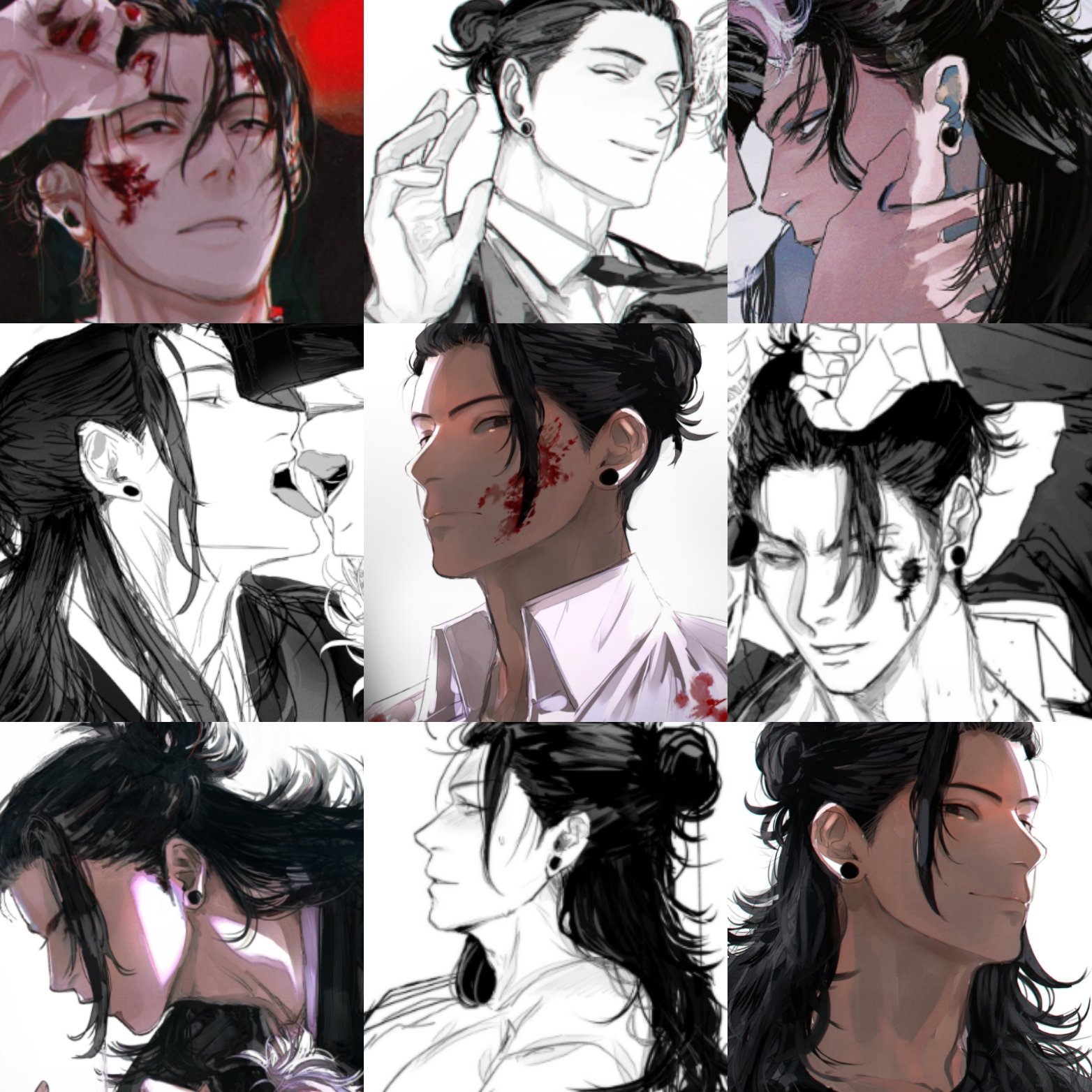 a collage of 9 different illustrations of anime men. the images show the men in different expressions and poses. the men all have black hair, some are wearing white shirts while others wear black suits.  some of the men have bloody wounds on their faces. the background of the illustrations is a mixture of black and white.  the men appear to be in various states of emotion and pose, from thoughtful to playful.  the images appear to be from a digital art piece or drawing.