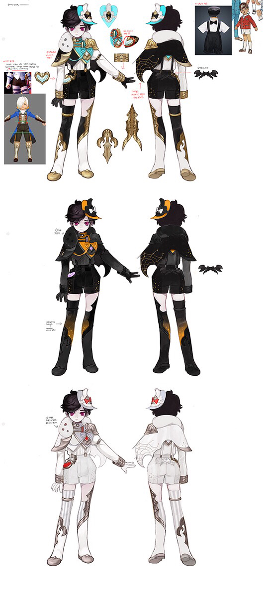 this image contains three different character designs. the character designs are animestyle male characters. each character has a different outfit, and each has a different color scheme. the designs are done in a digital art style, using illustration software to create the image.