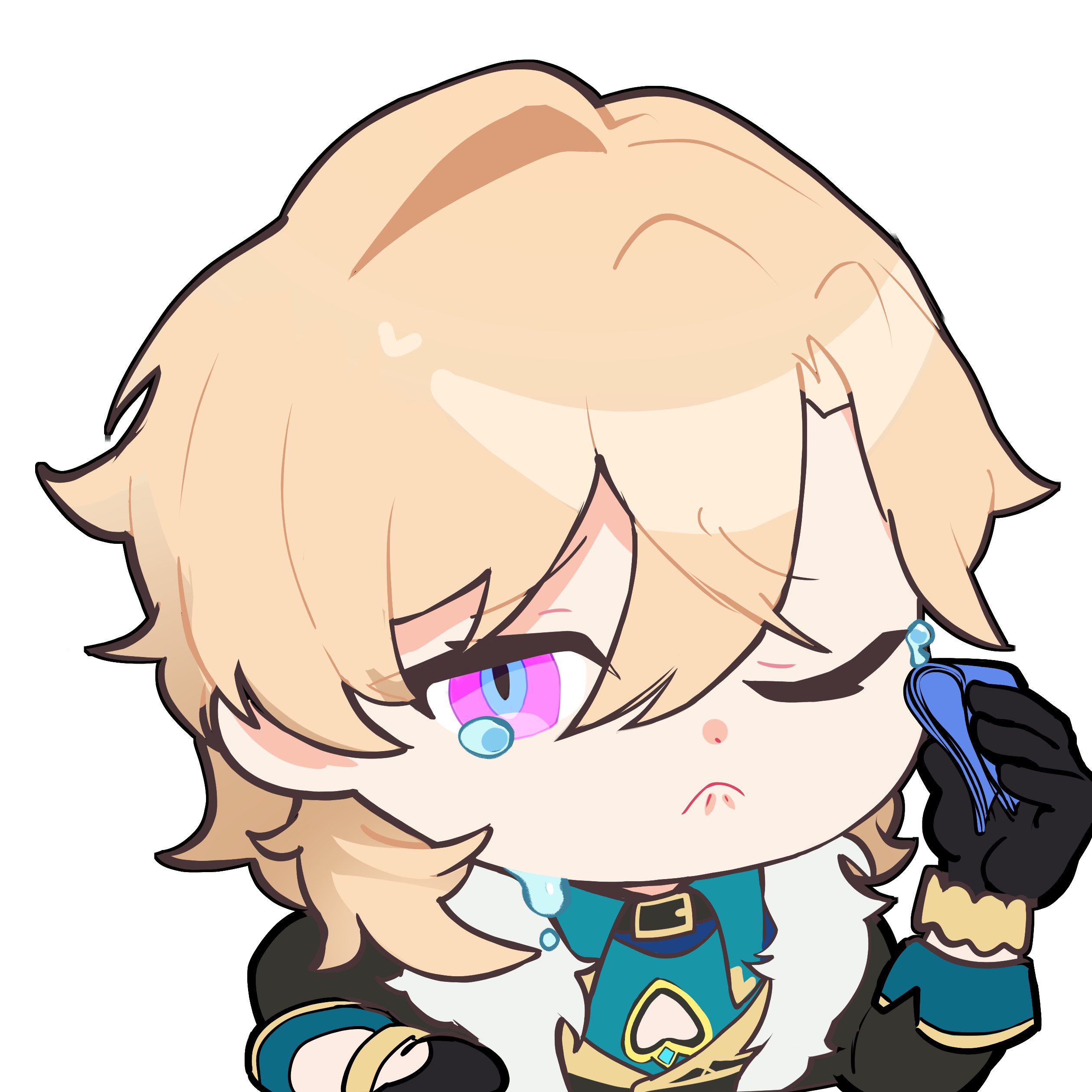 this is a chibi drawing of a blond anime boy wearing a green, white, and black outfit with a heart emblem on the front. he has teary eyes and is wiping his face with a blue handkerchief. he looks sad.  the background is white.