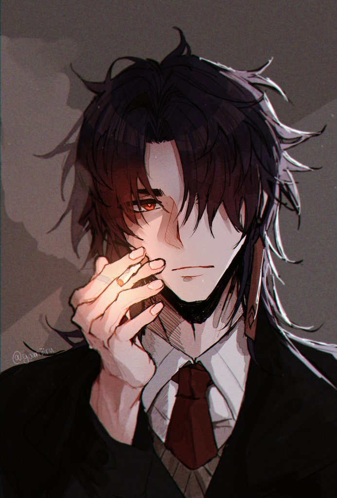 a closeup portrait of a handsome anime guy with dark hair, wearing a black suit with a red tie. he is holding a cigarette in his right hand and looking at the camera with a serious expression. the background is dark and shadowy.