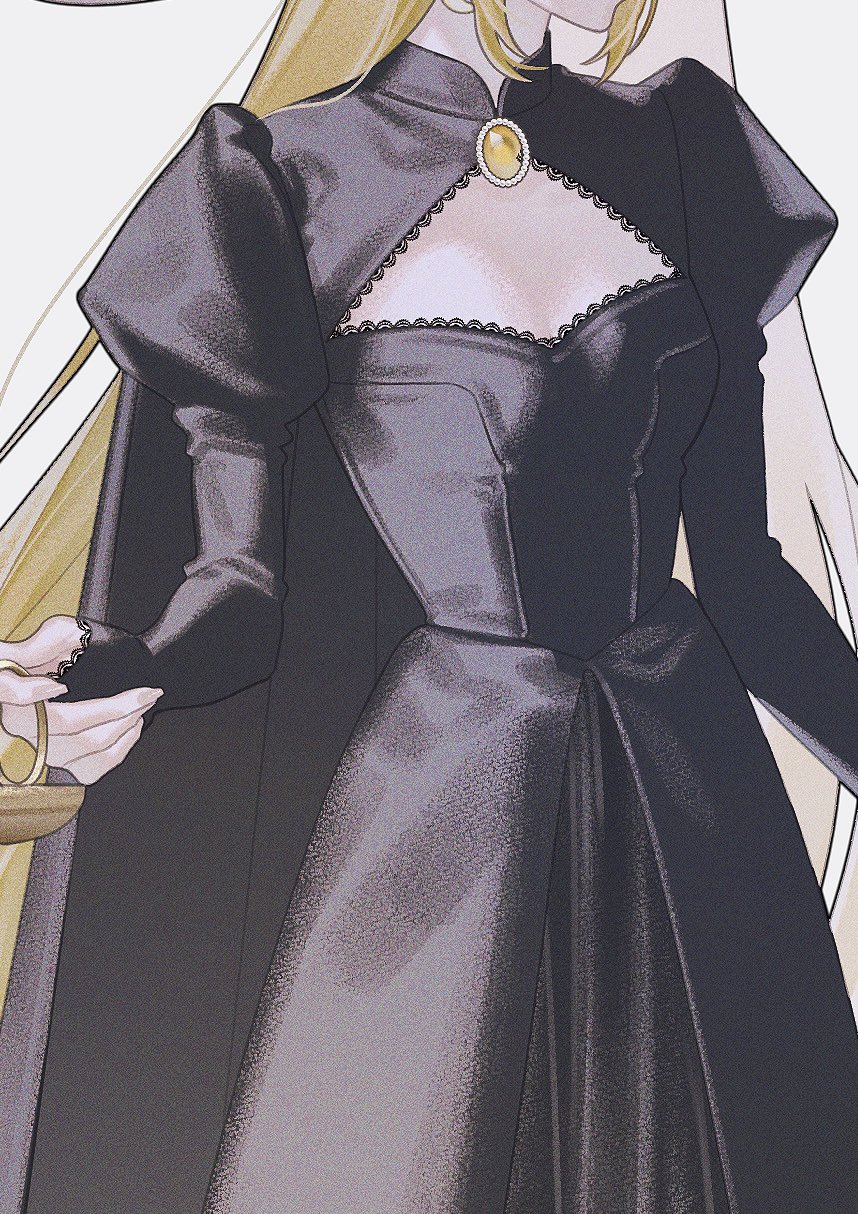 he image is an illustration of an animestyle woman. she has long blonde hair and is wearing a long, elegant black gown with a high collar and a cape. the dress is intricately detailed, and the woman is holding something in her hands. the overall style is elegant and somewhat medieval or fantasylike. the artwork is very detailed and the colors are muted and sophisticated.
