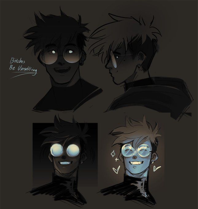 the image is a drawing of four different versions of the same anime character. the character is a young man with dark hair and eyes. he's wearing glasses and has a slight smile on his face. the first version of the character is in a dark background with a menacing expression, while the other three versions are in brighter backgrounds,  wearing different outfits and have different expressions on their faces. the overall aesthetic is dark and edgy.