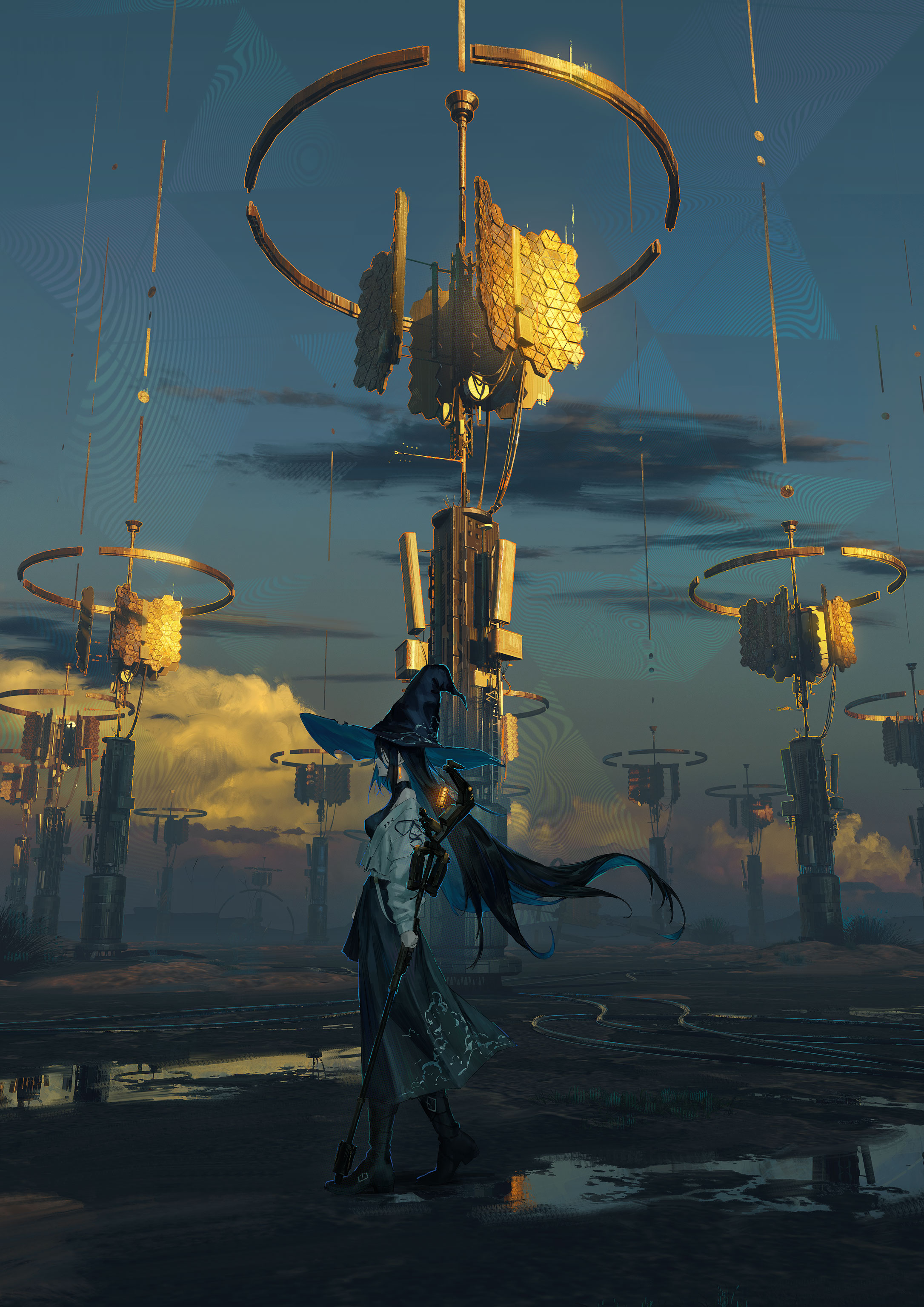 the digital painting depicts a solitary witchlike figure in a desolate futuristic landscape. she wears a widebrimmed hat and a long dark robe, carrying a staff.  the landscape is dominated by numerous tall, golden structures with honeycomblike details, arranged in a seemingly ordered pattern.  the sky is a muted blend of blues and oranges, suggesting either dawn or dusk.  the overall mood is mysterious and evocative, blending fantasy and science fiction elements. the ground is dark and wet, with puddles reflecting the surrounding structures. the witch stands with her back to the viewer, adding to the sense of mystery.