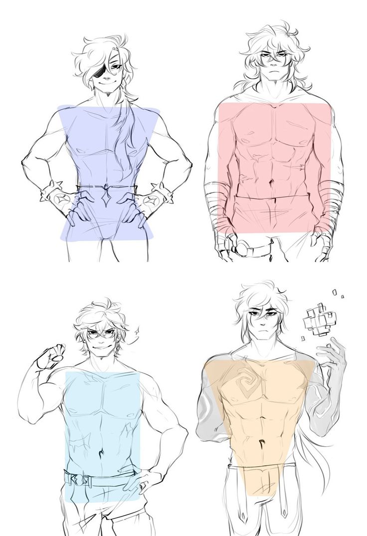 the image contains four drawings of male characters with the focus on their upper body muscle definition. the drawings are done in a cartoon style and are simple in their construction. the characters are drawn from different angles and are in various poses, including one with their arms crossed and another holding a hand up as if holding something. the drawings are done in black and white and there are colored squares indicating the area of focus on their chest and abdominal muscles.  the drawings are done in a digital style, with a loose and sketchy quality.