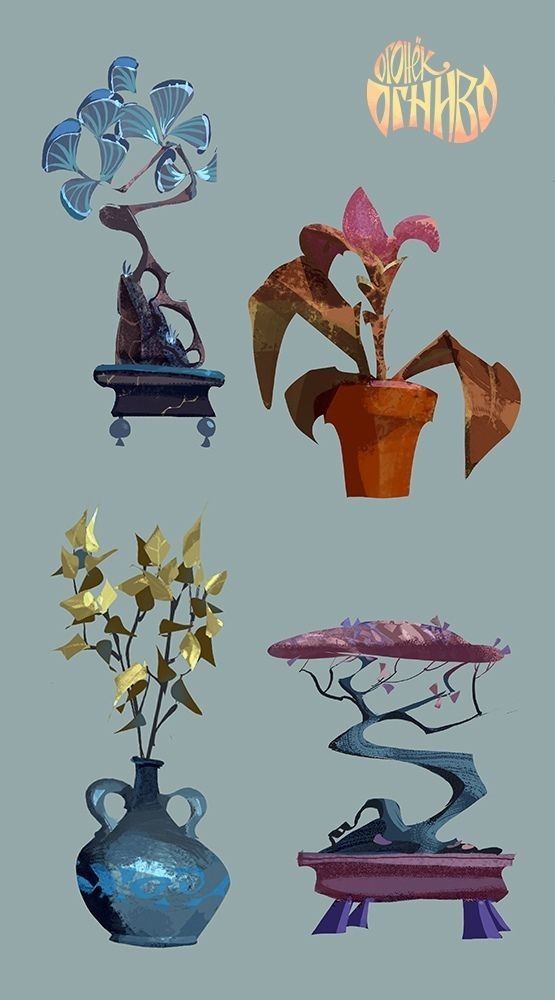 the image showcases four distinct stylized plant designs set against a muted bluegray backdrop. two of the designs feature bonsai trees with unique, contorted trunks, displayed on elaborately carved stands. one bonsai boasts vibrant blue foliage resembling mushrooms, while the other features a more traditional silhouette with dark brown bark and delicate pink blossoms. the third design showcases a robust plant with broad, deep red leaves housed in a classic terracotta pot. the final design presents a cluster of golden flowers with heartshaped leaves arranged in a rustic blue vase.