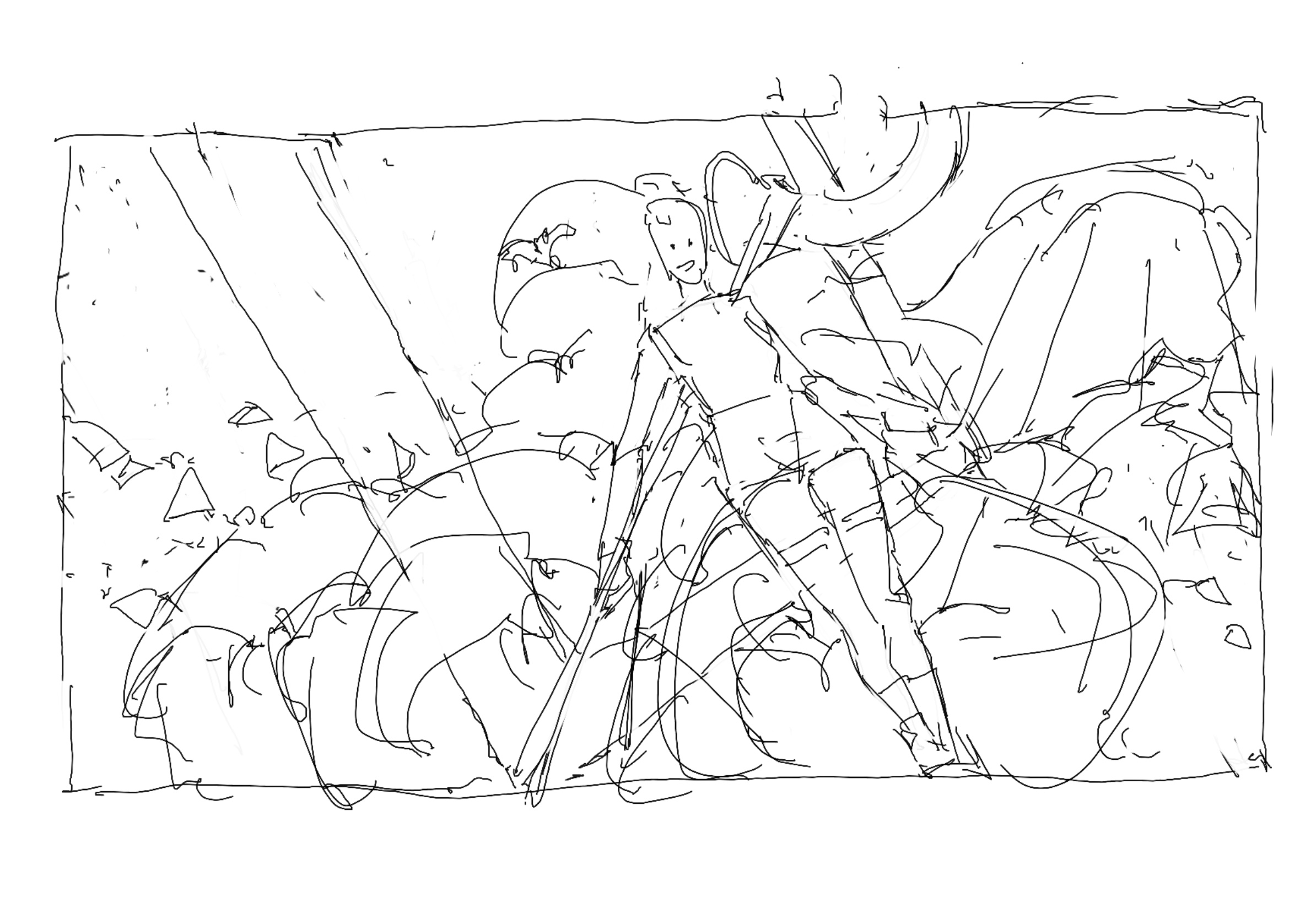 an abstract sketch depicts a central figure with simplified features standing amidst swirling lines that suggest motion or environment. the figure is clothed, possibly wearing a cape. the overall composition is loose and dynamic.