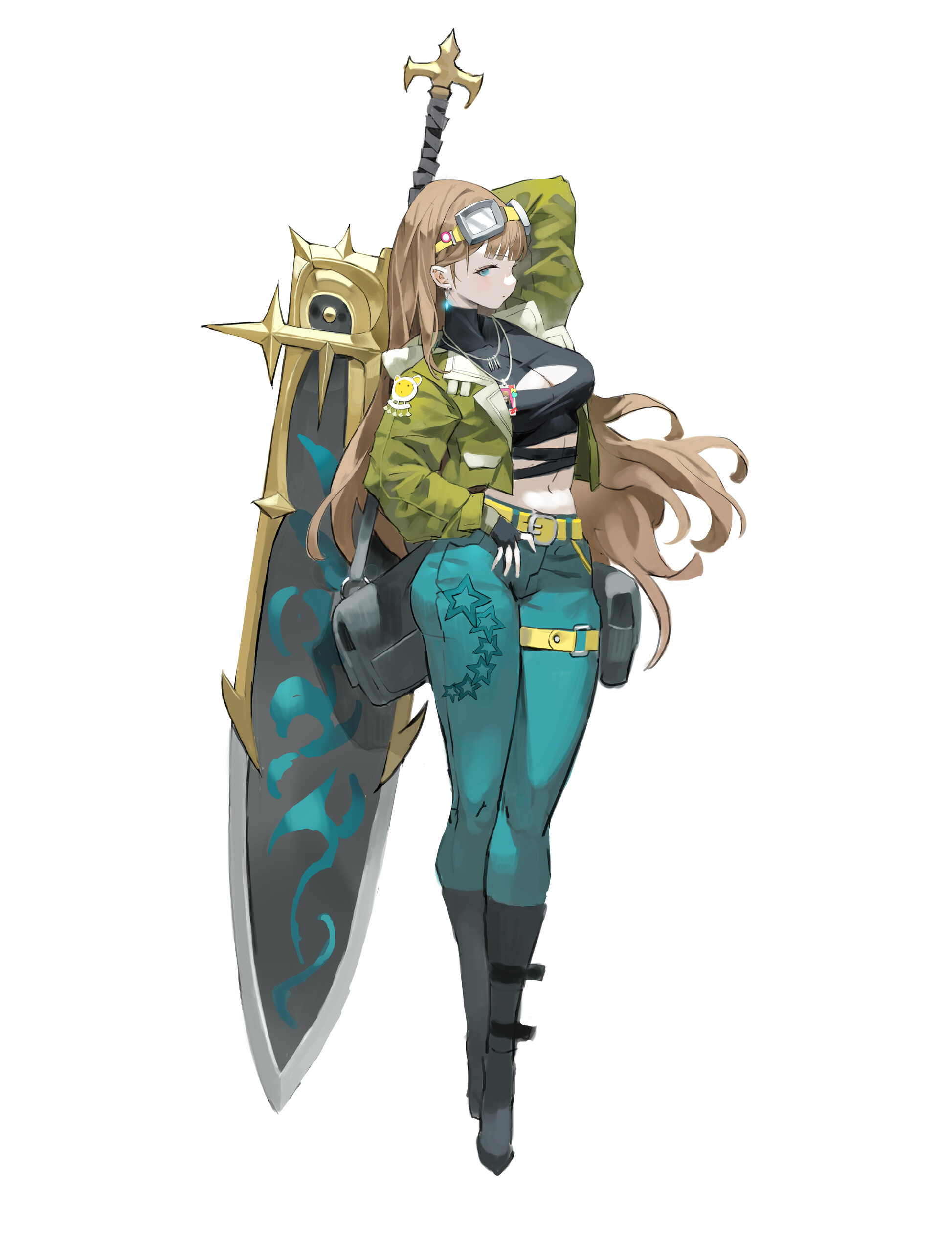 an anime girl with long brown hair and wearing goggles is standing and leaning on a large sword. she is wearing a green jacket, a black top, turquoise leggings, and boots. she has a confident expression on her face.