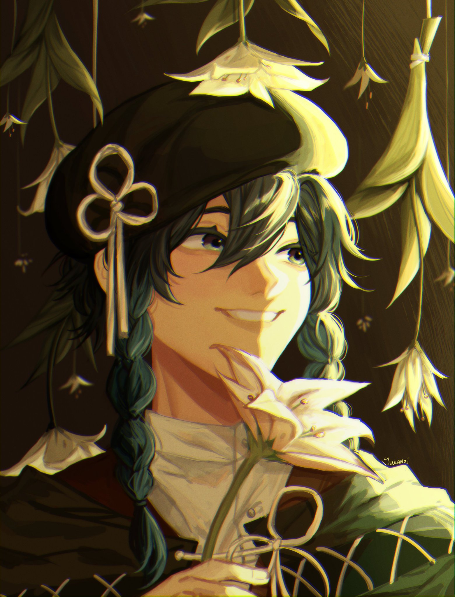 the image is a digital painting of an anime girl with long blue hair styled in braids. she has a white lily in her hand and is smiling softly. she is wearing a green and gold outfit with a white shirt, a beret and a ribbon tied around her neck. the background is a dark green with a few white lilies hanging from the top.