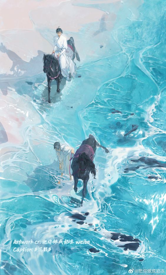 this is a digital art illustration depicting two men in traditional chinese clothing riding on black horses through an ocean of blue, wavy water. the background is white with a soft blue tint to it and a few clouds are faintly visible in the distance. the scene is set against a beach and the men are riding across the water towards the horizon. the water is a dark blue with white foam and the men are depicted with soft features and flowing hair. the image has a whimsical feel to it and gives the impression of a dreamlike setting. the art style is clean and detailed, with soft colors and a focus on movement. it's a beautiful piece of art that captures the magic of the sea.