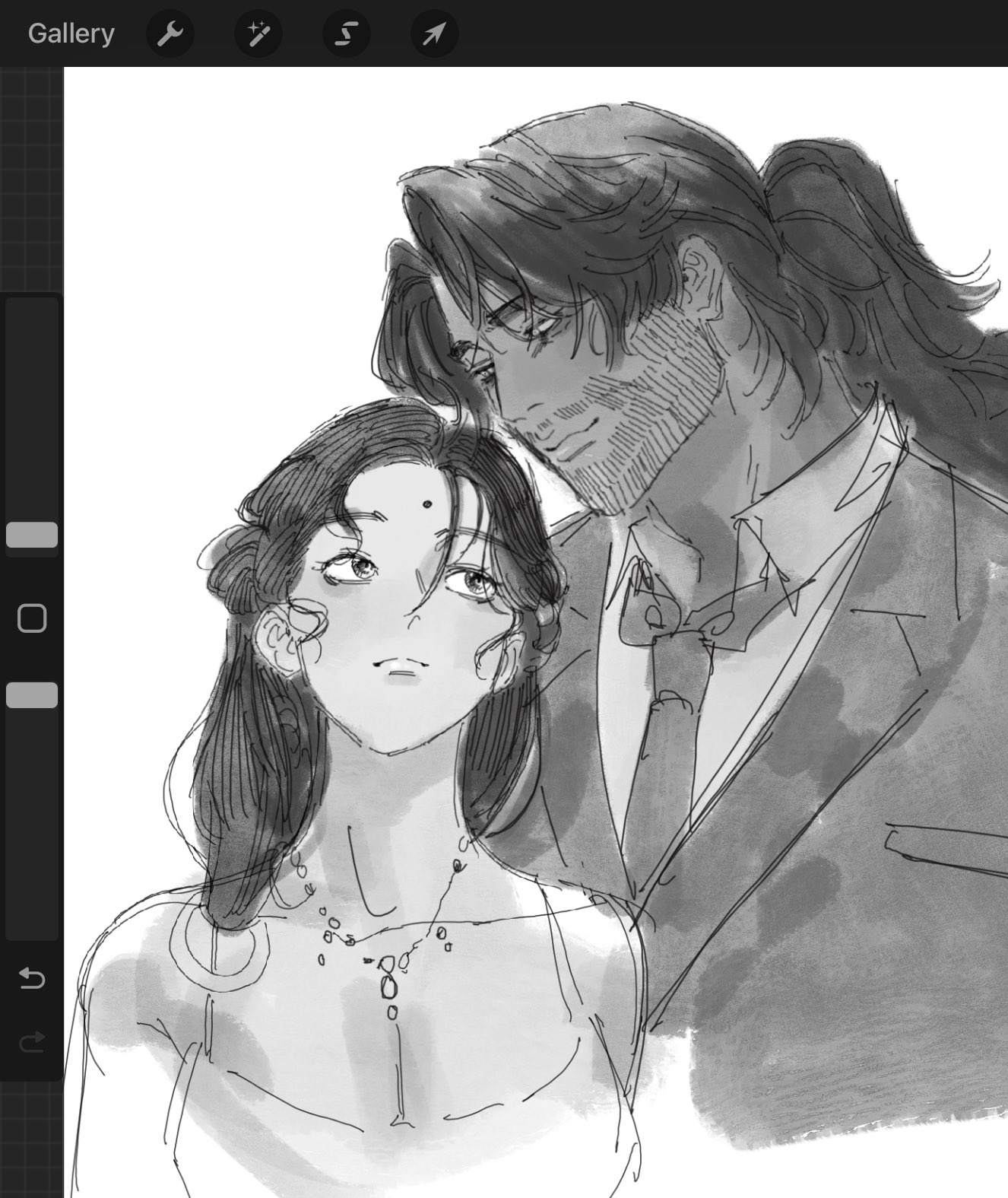 a black and white sketch of a man and a woman. the man, with long hair tied back and a beard, is dressed in a suit and stands behind the woman, gazing down at her affectionately. the woman, with her hair styled in a bun, wears a necklace and a sleeveless dress. her gaze is directed upwards towards the man. the closeness of their positioning and the tenderness in their expressions suggest a romantic relationship.