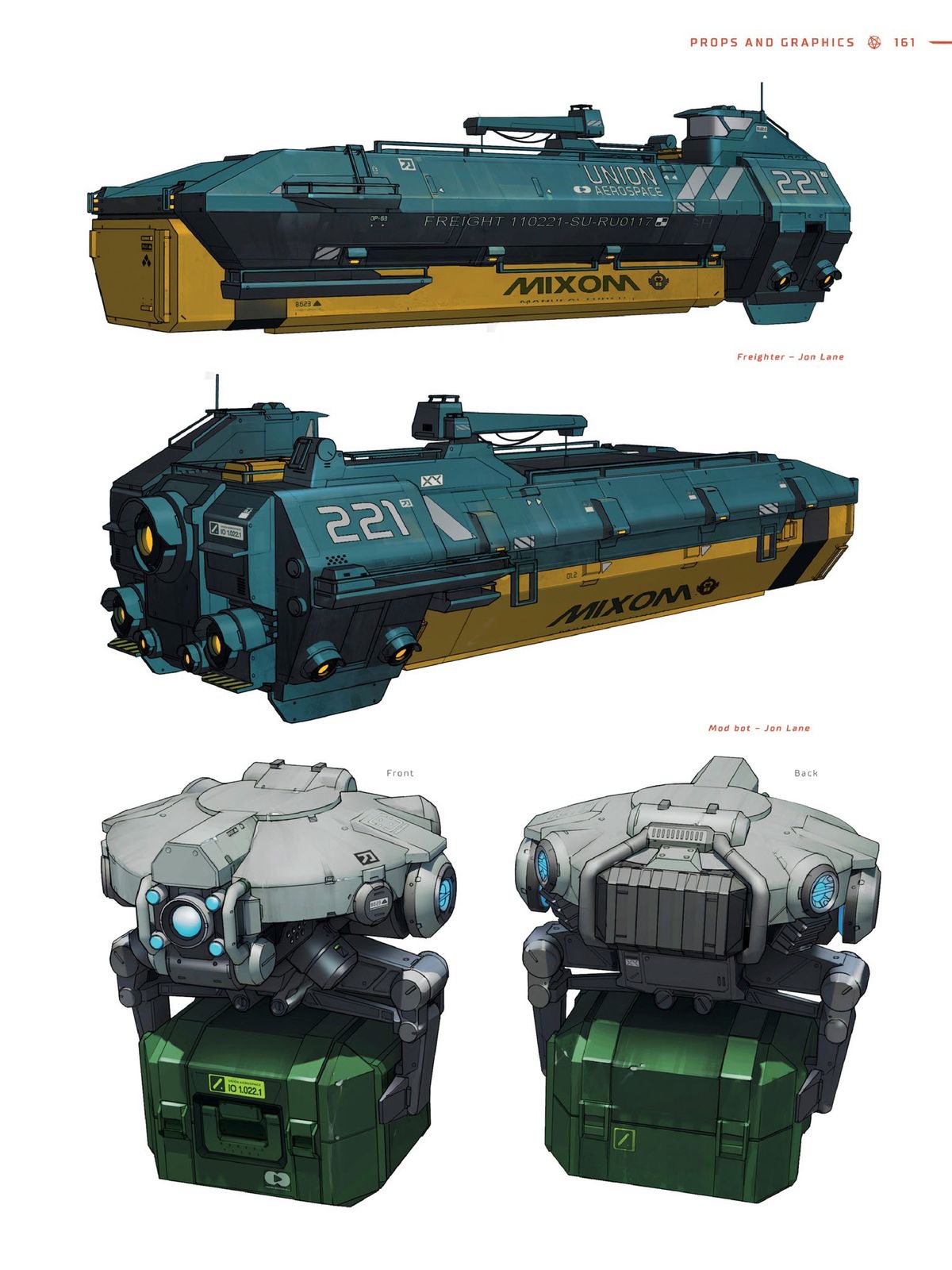 this image showcases concept art for a futuristic freighter ship with a distinct industrial aesthetic. the ship, numbered 221, is painted in teal and yellow and features the name "mixom" prominently displayed. the image includes multiple views of the ship – front and side – highlighting its design. accompanying the ship are concept designs for a small, grey robot, possibly a drone, carrying a green cargo crate. the robot is depicted from both front and back perspectives.