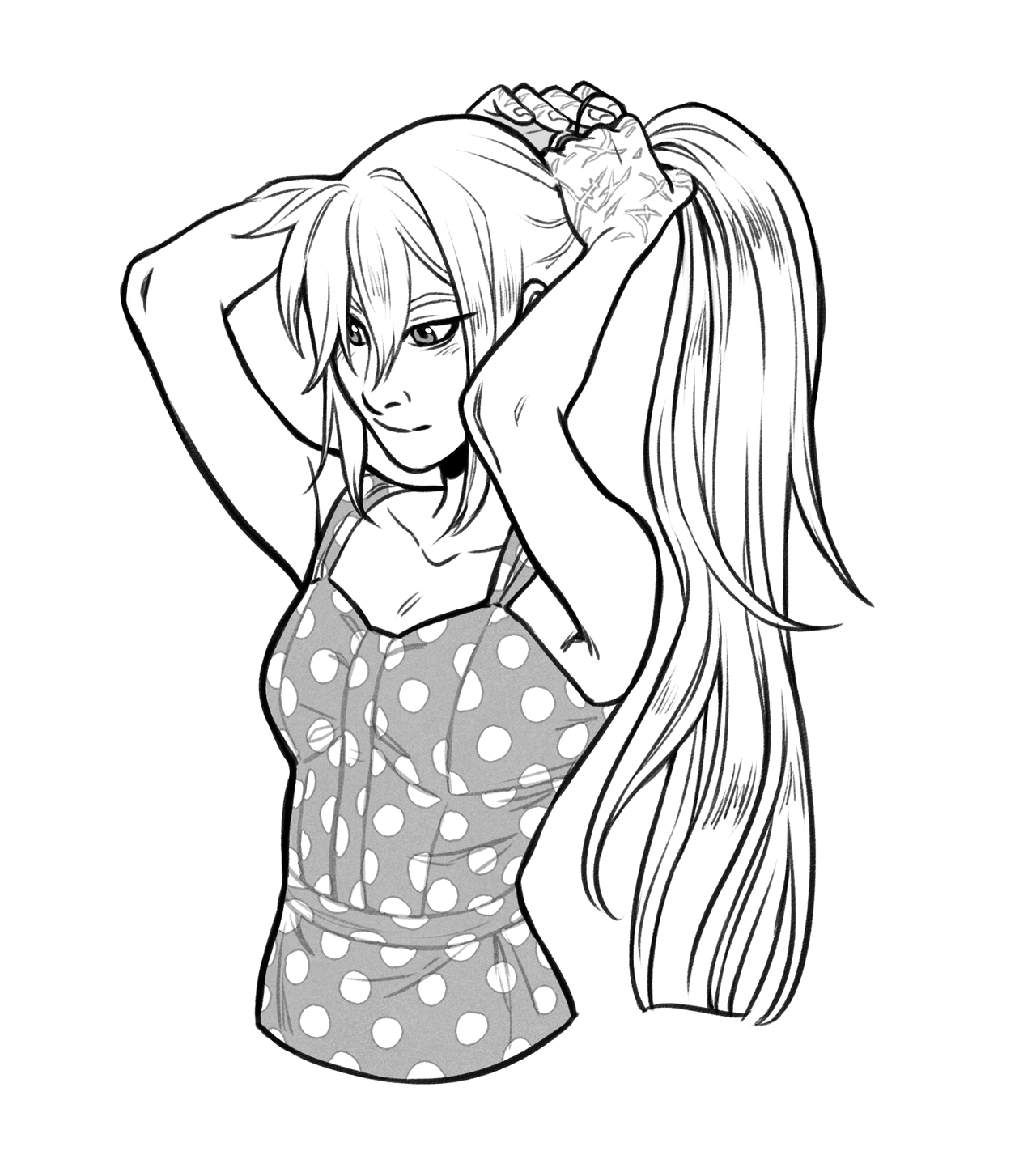 a black and white sketch of a girl in profile tying her long hair into a ponytail. she's wearing a polkadotted sundress and looking at the viewer with a slight smile.