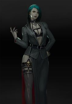 the image showcases a female character embodying a dark, gothic aesthetic. she is clad in a stylish ensemble of black and gray, featuring a blazer with a plunging neckline, a highslit skirt, and thighhigh stockings. her attire is accented by leather straps and a skullthemed accessory. her vibrant blue hair and pale complexion create a striking contrast, hinting at a possible vampire inspiration. the backdrop is a dark, almost black, color that accentuates the character and her attire. the overall mood is one of power, mystery, and allure.