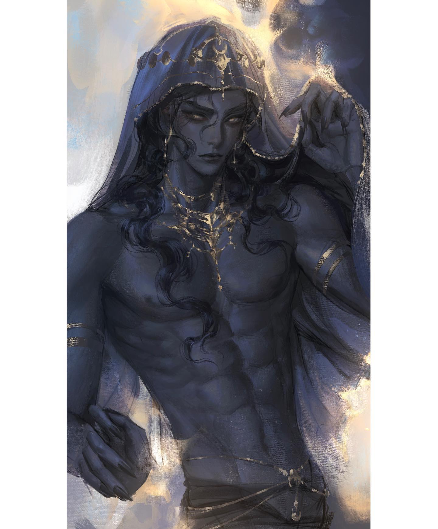 a handsome man with dark blue skin and long black hair stands against a background of soft clouds and light. he is wearing a flowing blue robe, adorned with gold jewelry, and has a mysterious expression. the lighting is dramatic, creating a sense of depth and allure. the image is full of fantasy elements, suggesting a powerful and enigmatic character.