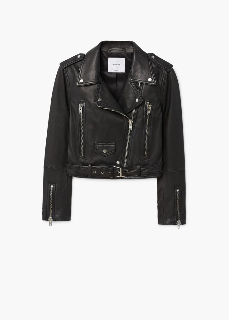 a black leather biker jacket with silver zippers and a waist belt, isolated on a white background.