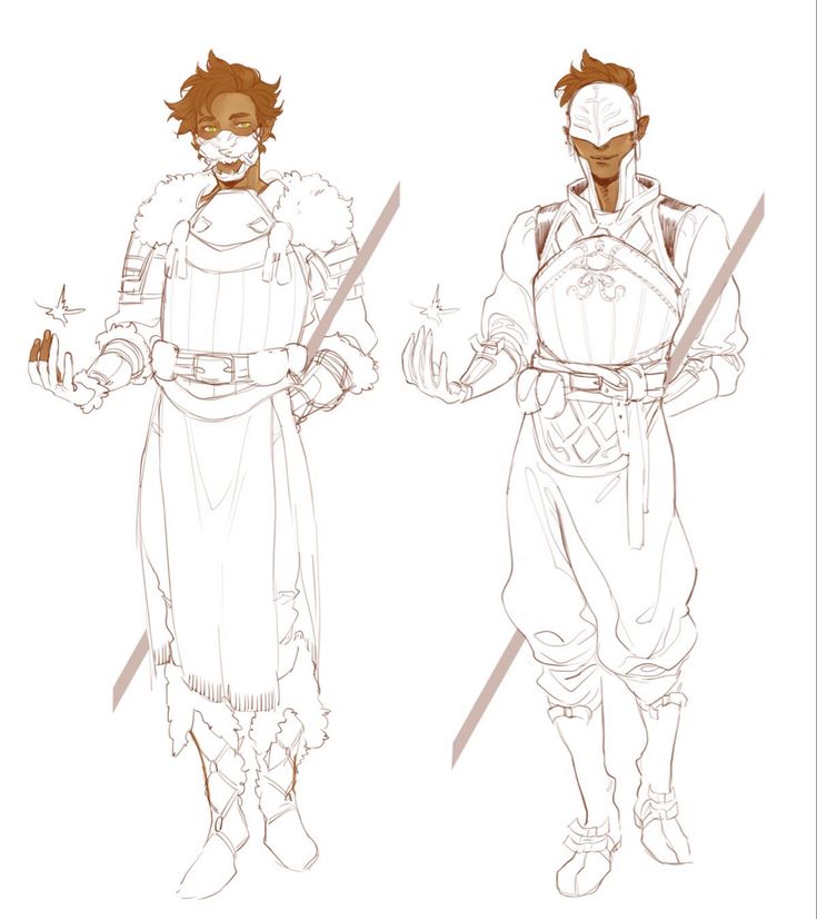 a sketch of two male characters, both warriors in armor, facing each other with their hands raised. one is wearing a full suit of armor, the other is wearing a cloak. both are wearing masks. they are standing with their legs slightly apart and their arms bent. the background is a simple, white, and the drawing is in a line style. the characters are posed in a dynamic fashion.