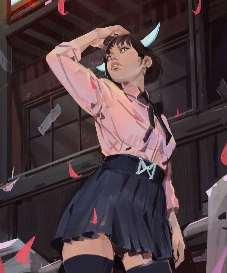 an animestyle illustration of a young woman with long brown hair and blue eyes. she is wearing a pink buttondown shirt, a black skirt, and a black bow tie. she also has a pair of blue horns on her head. she is smiling and looking up, as if she is enjoying something. the background is a blurry image of a building with windows. the artwork is done in a digital art style.