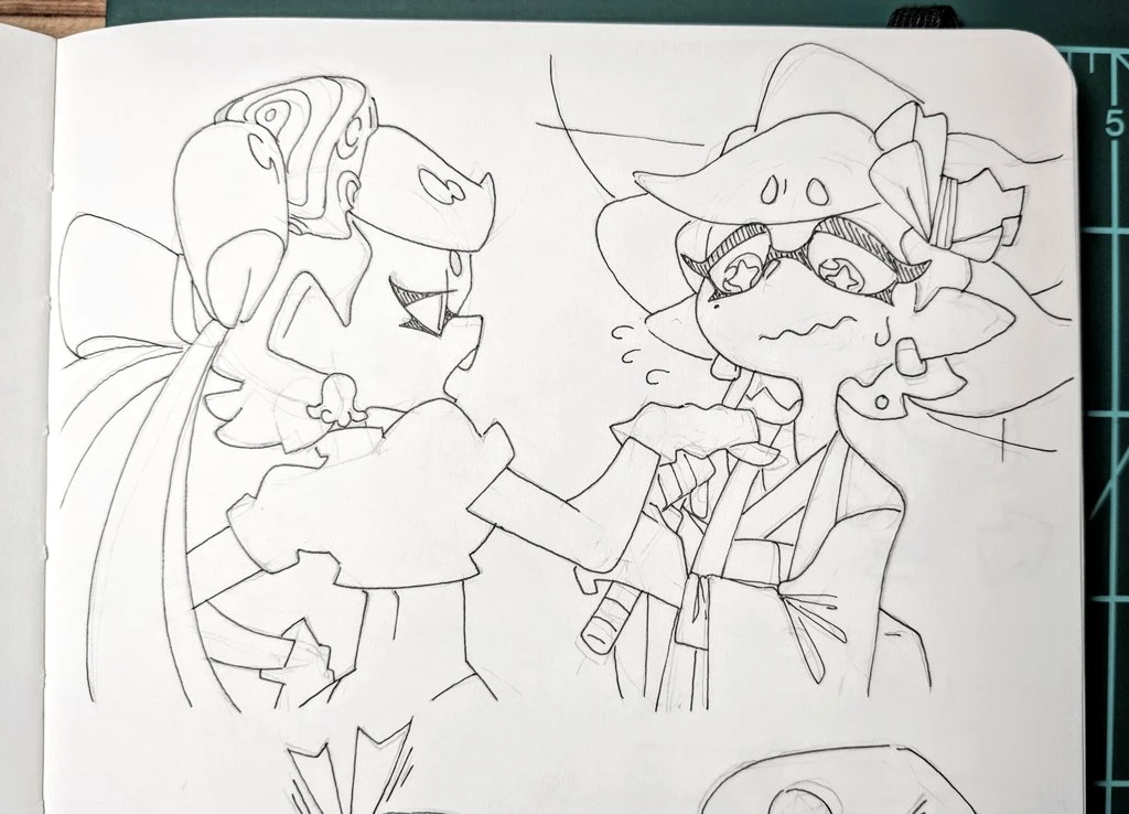 a black and white drawing of two anime girls. the girl on the left has long hair and is hugging the girl on the right, who is crying. the girl on the right is wearing a hat and a long coat. the drawing is in a sketchbook.