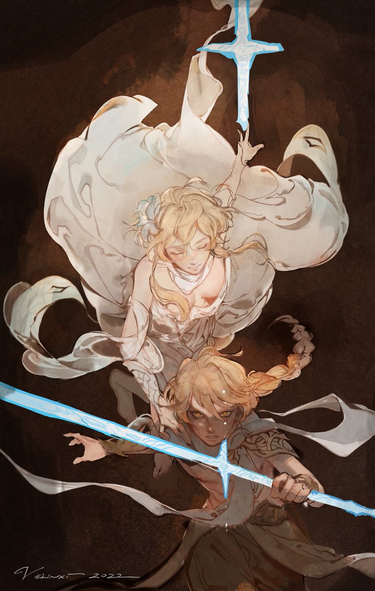 an image of two characters from the game genshin impact. at the top is lumine, dressed in a white dress with a light shining down on her. below is aether, holding a glowing blue sword.