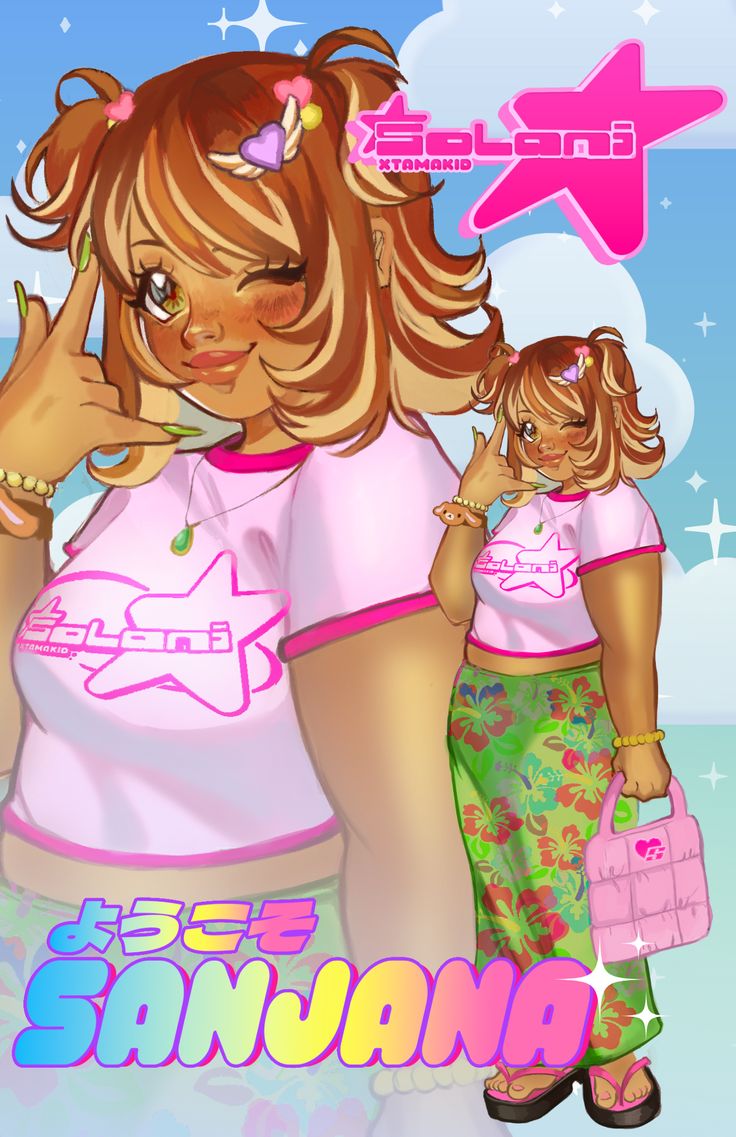 the illustration depicts two cartoon girls in a kawaii style, with vibrant colors and a whimsical background. one girl, in the foreground, wears a pink shirt with a star logo, and a green floral skirt. she is smiling, and her hair is tied up with clips and decorated with cute bows. her friend is wearing a similar pink top, with a floral green skirt and sandals.  both girls are holding small bags, with one girl holding a pink bag and the other girl holding a blue bag. they are both smiling brightly, making the image feel very joyful and positive. the background is a bright blue sky with white clouds and stars. the image also includes the word "sanjana" written in rainbow colours and other playful text.  the overall style is reminiscent of japanese anime and manga, with a cute and stylish feel.