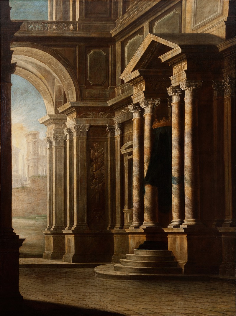 this is a painting of a building with classical architecture. it features arches, columns, and marble construction, and the play of sunlight and shadow creates a sense of depth and perspective. a set of stairs lead up to a portico. the architectural style is indicative of a grand, classical design, and the painting captures the grandeur and elegance of the building.