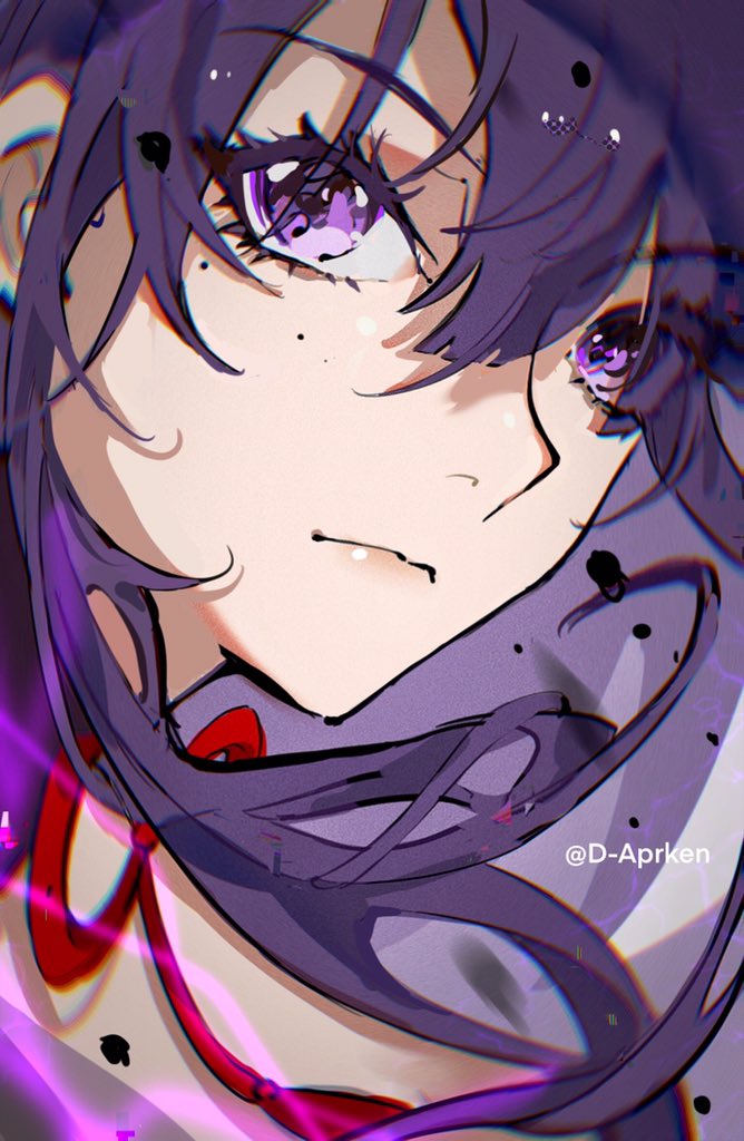 a close up of an anime girl with long purple hair, bright purple eyes, and a purple scarf tied around her neck. she has a soft, gentle expression on her face. there are hints of magical purple energy surrounding her.