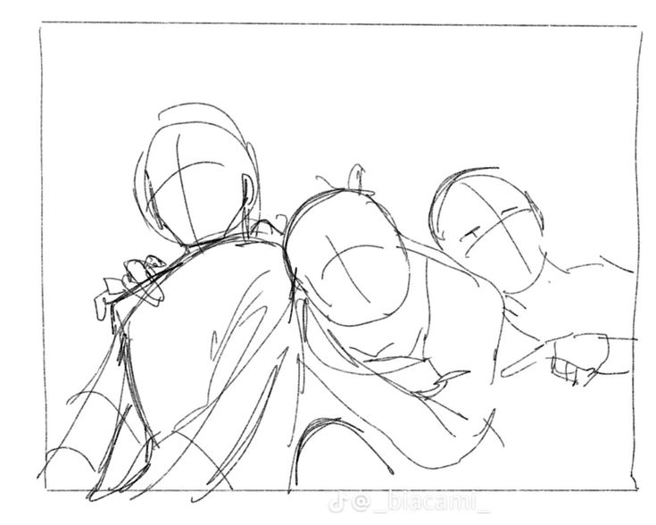 a pencil sketch of three people. the people are all drawn in a basic style, with simple lines and shapes. the person on the left is facing away from the viewer and has their arms crossed. the person in the middle is facing the viewer and has their arms outstretched. the person on the right is facing away from the viewer and has their arms down by their side.