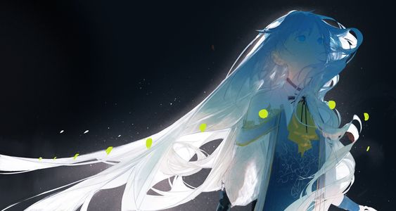 this is an animestyle illustration of a girl with long, flowing white hair and striking blue eyes. she is depicted against a dark, almost ethereal background, illuminated by a soft, almost heavenly light that originates from behind her. the light accentuates the details of her hair and creates a sense of movement and grace. she appears to be floating or suspended in midair, adding to the dreamlike and otherworldly quality of the image. her attire, particularly the intricate floral patterns visible on her clothes, suggests a delicate and elegant style. her expression, while difficult to discern fully, carries a hint of wistfulness or longing, further contributing to the overall sense of mystery and intrigue. the image employs a predominantly cool color palette with shades of blue and white dominating, which creates an aura of tranquility and ethereal beauty.